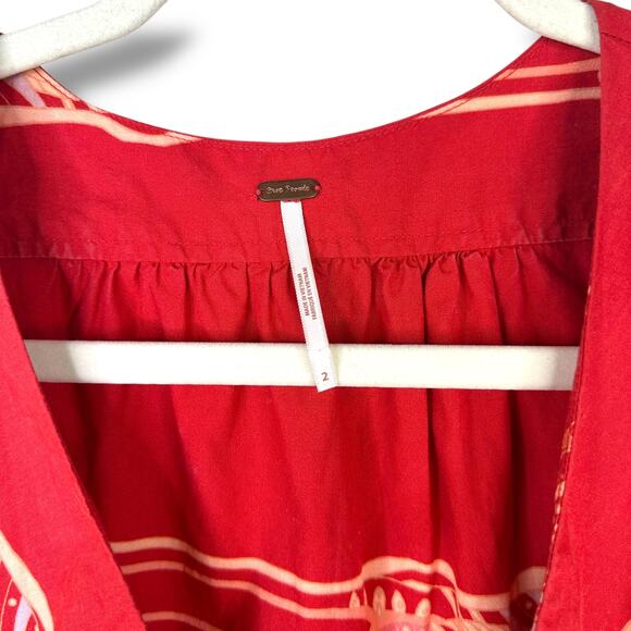 Free People Linvilla Red Bandana Button Knot Tie Front Midi Cap Sleeve Dress - Picture 8 of 9